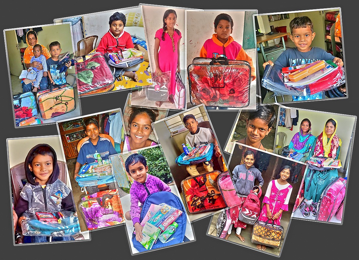 Les enfants (parfois leur famille) reçoivent la multitude de paquets, colis, valises..., issus du don de ESPPER